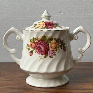 Wood & Sons Cottage Rose Covered Sugar Bowl 1960s Ironstone England Floral